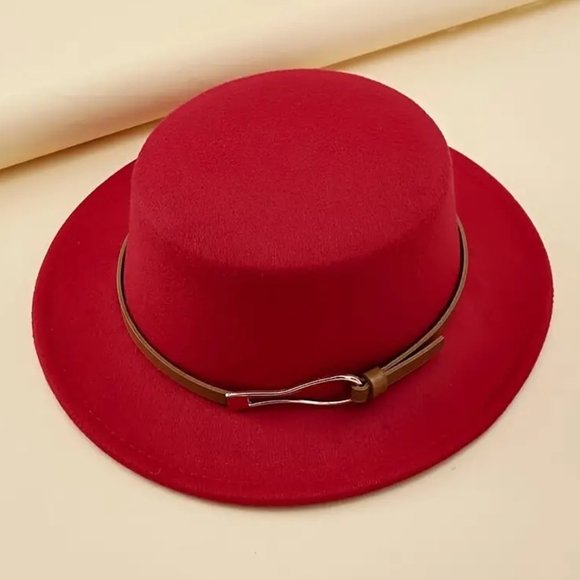 Accessories - Womens Vintage Red Felt Fedora Buckle Decor Vintage  - NEW